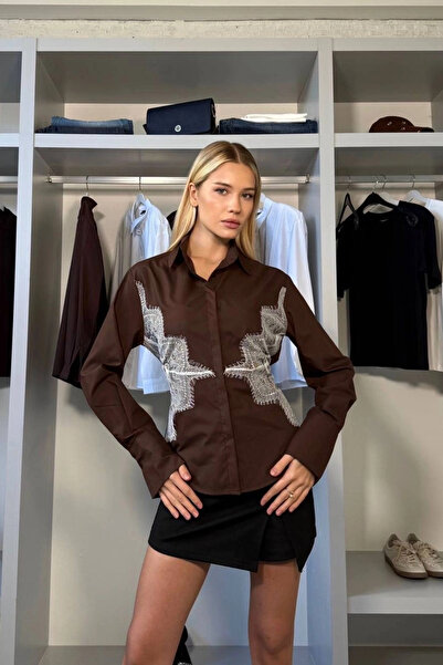 Eka Women's Coffee Color Back-Tie Front Lace Detailed Shirt 1041-2820