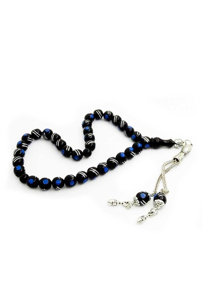 TAŞHAN Gümüş ve Firuze İşlemeli Erzurum Oltu Taşı Tesbih