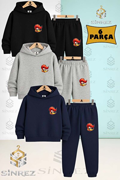 SİNREZ 3-Piece Children's Unisex Woodpecker Head Logo Printed Hooded Tracksui...