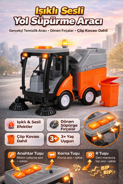 YILDIRIM OYUNCAK Işıklı Sesli Yol Süpürme Aracı Oyuncak 20cm | Fırçalı Temizl...