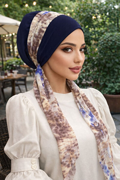 Aişe tesettür Тъмнобежов шал с флорален мотив и шапка