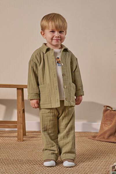 Minipodyum Erkek Bebek Baskılı Alt Üst Takım Cepli Bayramlık 3'lü