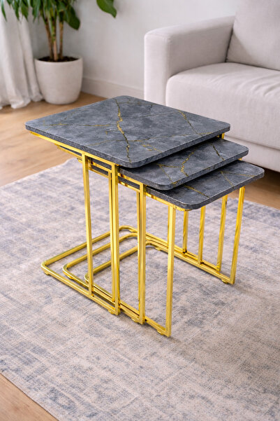 Riyes Tasarım C Zigon Gold Tekerlekli 3'lü Sehpa Seti – Metal Ayaklı – Modern...