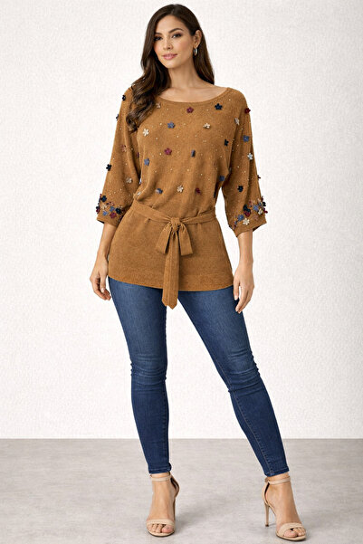 Desen Triko Twomail Elastic Waist Embroidered Knitwear Blouse