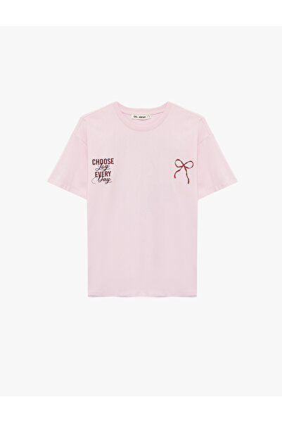 Koton Kısa Kollu Bisiklet Yaka Fiyonklu Arkası Baskılı Oversize Tişört