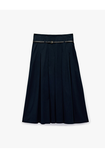 Koton Cotton A-Line Belted Pleated Midi Skirt
