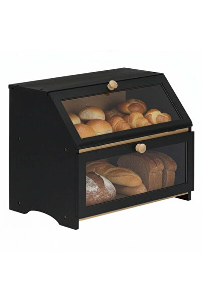 SERSIMO 2-tier bamboo bread box with transparent windows and magnetic closure...