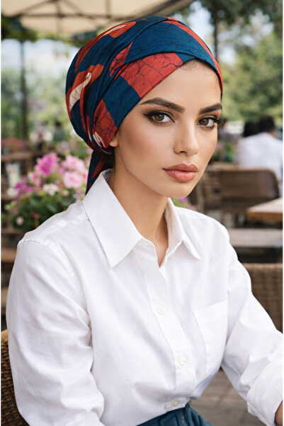 Aişe tesettür Μπλε ναυτικό με μπορντό σχέδιο σταυροειδές καπέλο