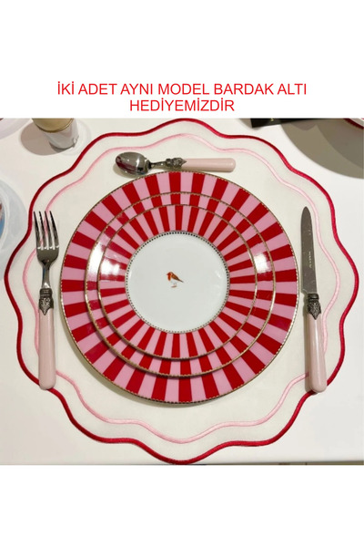 2Ddesign طقم صحون تقديم أمريكية مخططة باللونين الأحمر والوردي مكون من قطعتين ...