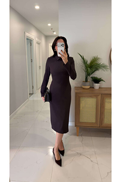 BİRCANÇİL Tussen Brown Long Sleeve Padded Dress