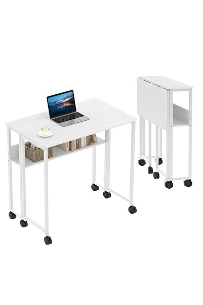 Garvee Folding Desk Small Rolling Desk with Storage Shelf,80CM Foldable Table...