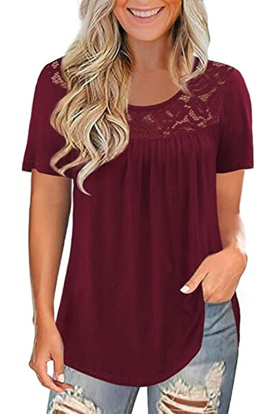 OEM Bluză casual pentru femei, mâneci scurte, dantelă, roșie M