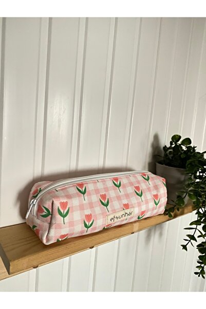 efsunkar Lale Desenli Pötikareli Kalemlik ve Makyaj Çantası - Pembe Kareli Or...