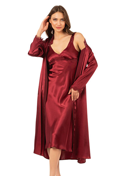 Kompedan Set de cămașă de noapte midi cu dantelă din satin pentru femei |   R...