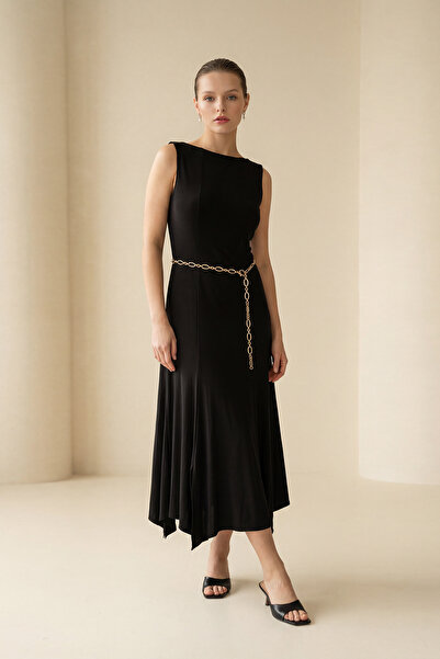 Setre Black Sleeveless Full-Fit Chain Belted Skirt Hem Asymmetrical Cut Midi ...