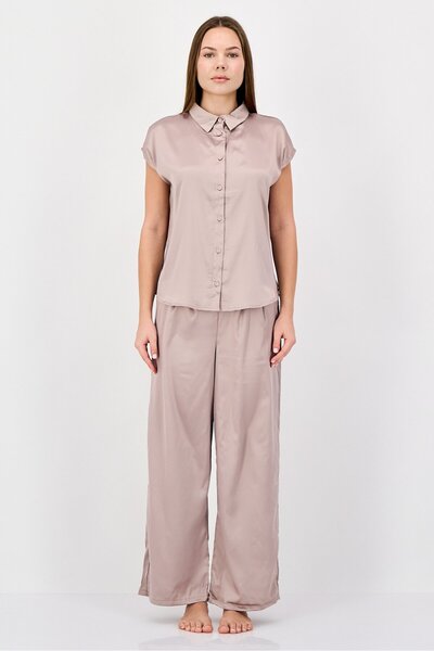 Nine West Women 2 Pieces Solid Top And Bottom Pajama Set, Tan