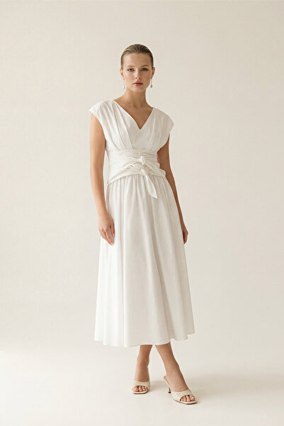 Setre Ecru V-Neck, Comfortable Cut Dress with Tie Detail at the Sleeve and Waist
