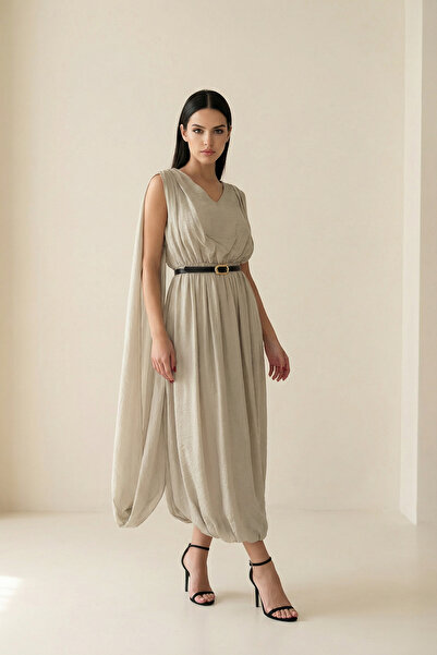 Setre Nil Green Cloak and Fabric Detailed Belted Comfortable Cut Full-Fit Mid...