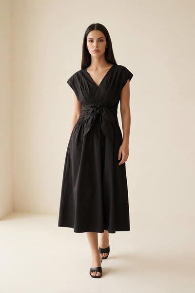 Setre Black V-Neck, Comfortable Cut Dress with Tie Detail at the Sleeve and W...