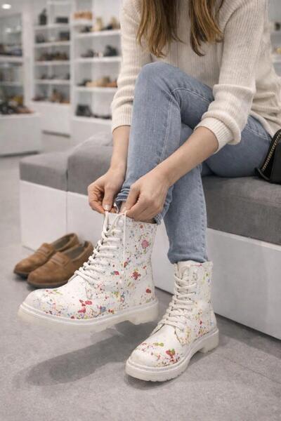 RUBY OUTLET Artistic Women's Boots with Colorful Paint Patterns on White - Mo...