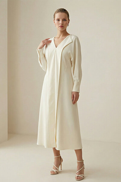 Setre Cream Long Sleeve Dress with Collar Detail, Midi Length, Relaxed Fit