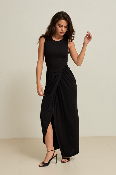 Setre Black Ruched Detailed, Sleeveless, Waist-Slit Long Dress
