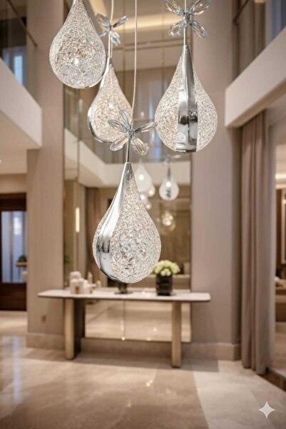 CanAydınlatma Krom Armut Desen 4'Lü Sarkıt 3 Renk LED Modern Salon Avizesi (B...