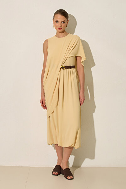 Setre Butter Yellow Sleeves and Asymmetrical Fabric Detailed Belted Midi Dress