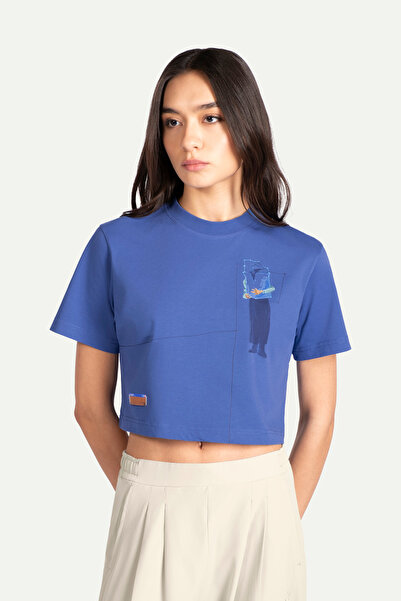 KAFT Tricou crop cu croială plată pentru femei, albastru - 100% bumbac |   (Triak)