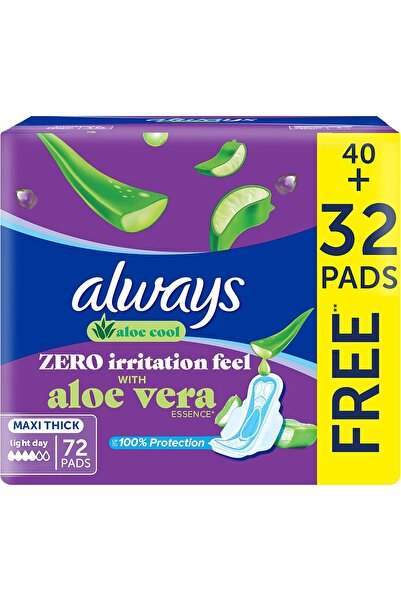 Always Aloe Cool Pads For Light Days, Long Maxi Thick Pads With Wings, 72 Pads