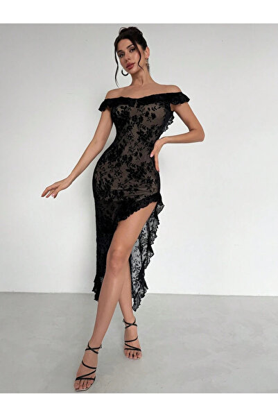 randevu Çiçek Flok Baskılı Yırtmaçlı Elbise