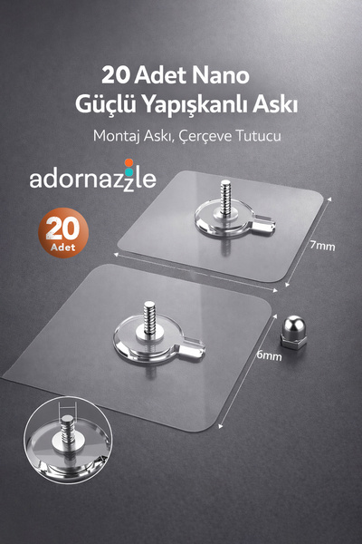 adornazzle 20 Adet Nano Güçlü Yapışkanlı Askı, Şeffaf Vidalı Askılık, Montaj ...