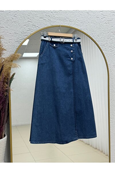 MİHRA STORE Icon Button Detailed Double Pocket Belted Denim Skirt-Aa4369 Blue