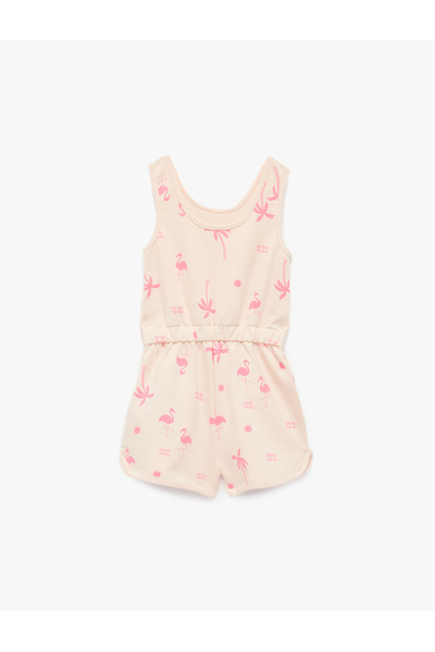 Koton Pamuklu Bisiklet Yaka Flamingo Baskılı Askılı Tulum