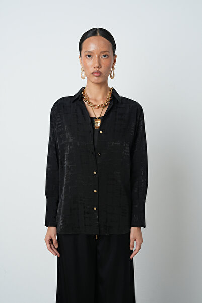 Orfeo Negro Women's Black Patterned Shirt with Gold Buttons