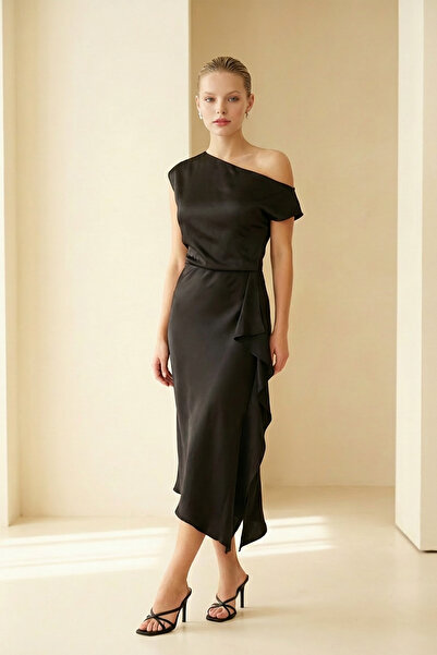 Setre Black Collar and Skirt Detailed Waist-Slit Midi Dress