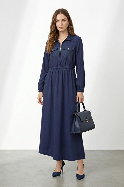 Puane Дамска рокля с яка, цип и връзки в талията – 12670ELB - ТЪМНОСИН