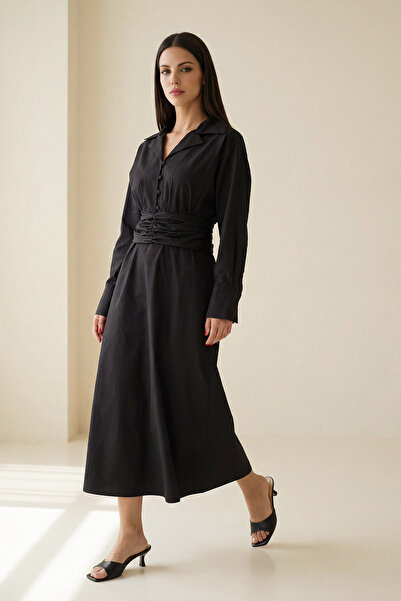 Setre Rochie neagră cu guler tip cămașă, cu centură în talie, croială lejeră,...