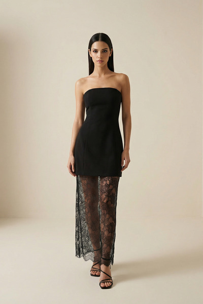 Setre Μαύρο στράπλες μακρύ φόρεμα με δαντέλα και λεπτομέρειες