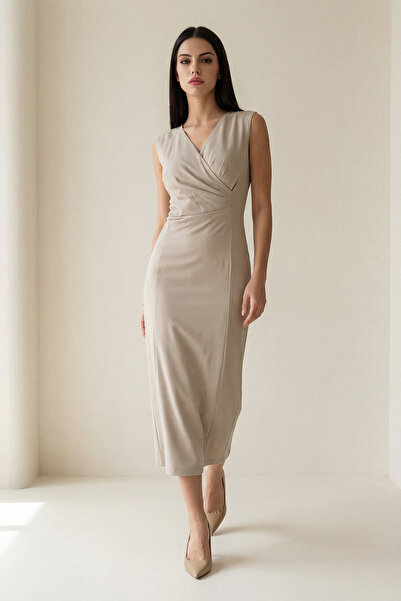 Setre Beige Full-Fit Sleeveless Double-Breasted Midi Dress with Yala Stitchin...