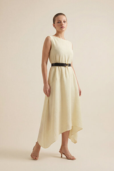 Setre Butter Yellow Belt Detailed Sleeveless Asymmetrical Cut Dress