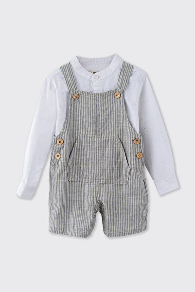 Panço Erkek Bebek Çizgili Hakim Yaka Gömleklil Ekru 2'li Takım