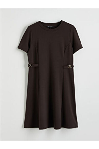 LC Waikiki M1 Sezon Brown Crew Neck Ornament Belt Detail Mini Dress