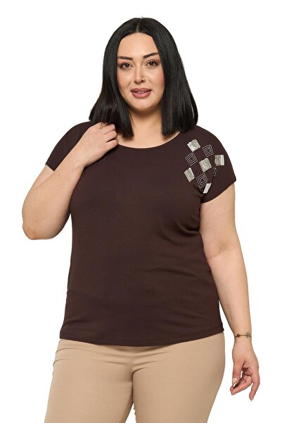 DISENTIS MODEST Bluză maro cu mânecă scurtă și model argyle pe umăr, mărime mare