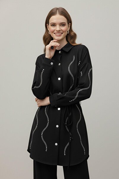 Loreen Cămașă scuba cu detalii din piatră pentru femei - 20704GML - NEGRU