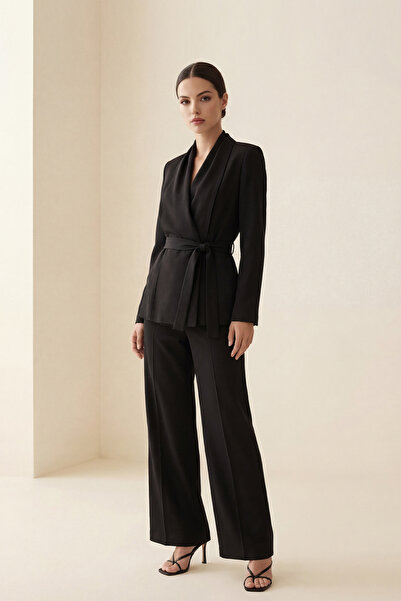 Setre Black Collar Detailed Jacket with Waist Belt and Side Elastic Detail, C...