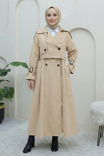 FERHEL Women's Pleated Skirt and Belted Bolero 2-Piece Long Trench Coat - Stone