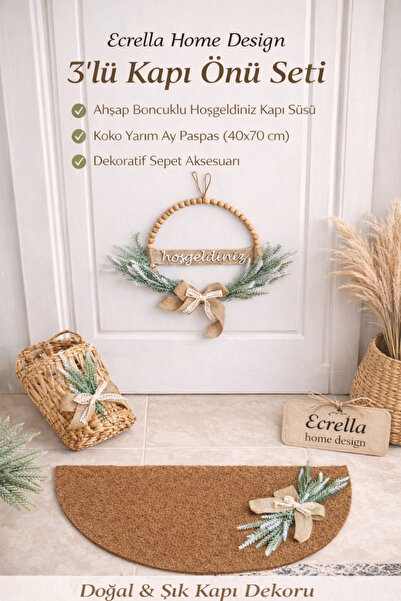 ecrella Modern Kapı Süsü & Koko Paspas Seti & Sepet – 3'lü Set Kapı Önü Dekor...