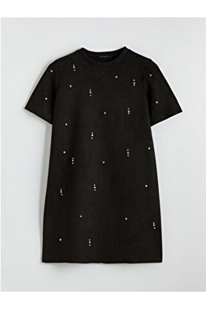 LC Waikiki M1 Sezon Black Crew Neck Stoned Mini Dress