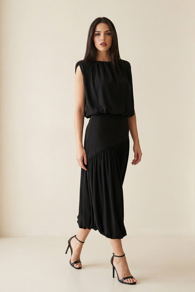 Setre Black Draped Blouse with Pleated Detail and Full-Fit Skirt